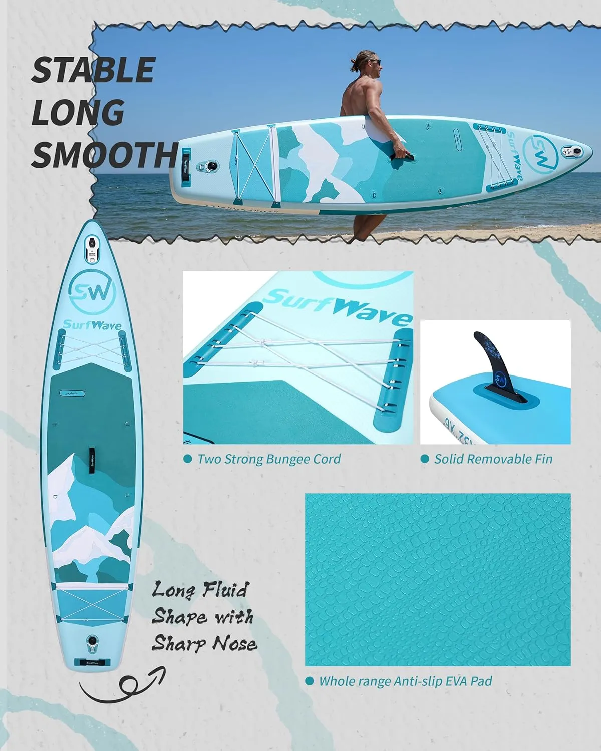 11'x34 x6 Inflatable Stand Up Paddle Board (SUP) Wide Stable Design for Adults & Teens,Premium SUP Accessories Kit with Fins, Adjustable Paddle, Pump, Backpack, Leash