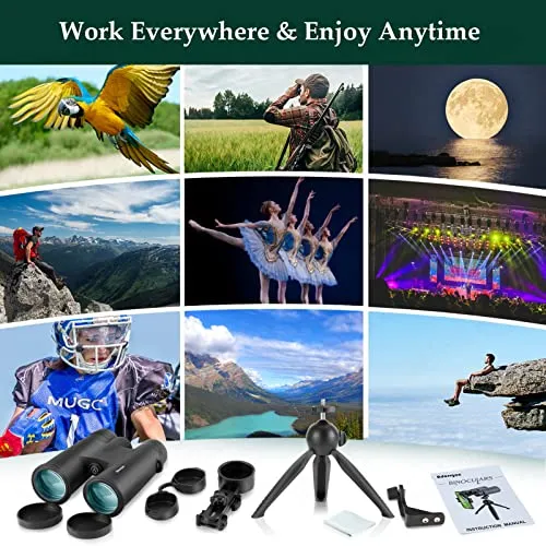12x42 HD Binoculars for Adults with Upgraded Phone Adapter, Tripod and Tripod Adapter - Large View Binoculars with Clear Low Light Vision - Waterproof Binoculars for Bird Watching Hunting Travel