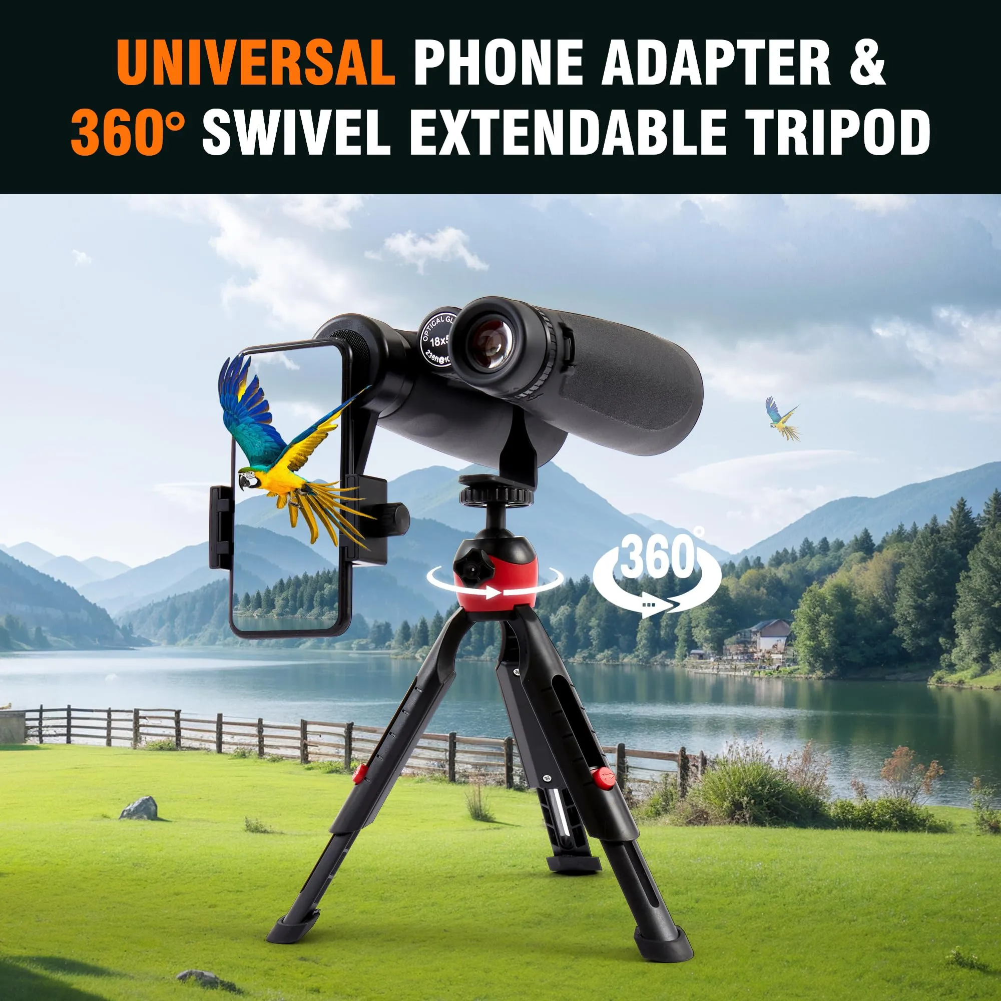 18x56 HD Binoculars for Adults High Powered with Phone Adapter and Tripod, Super Powerful BAK4 Prism FMC Waterproof Binoculars with Clear Low Light Vision, Binoculars for Hunting Bird Watching Travel