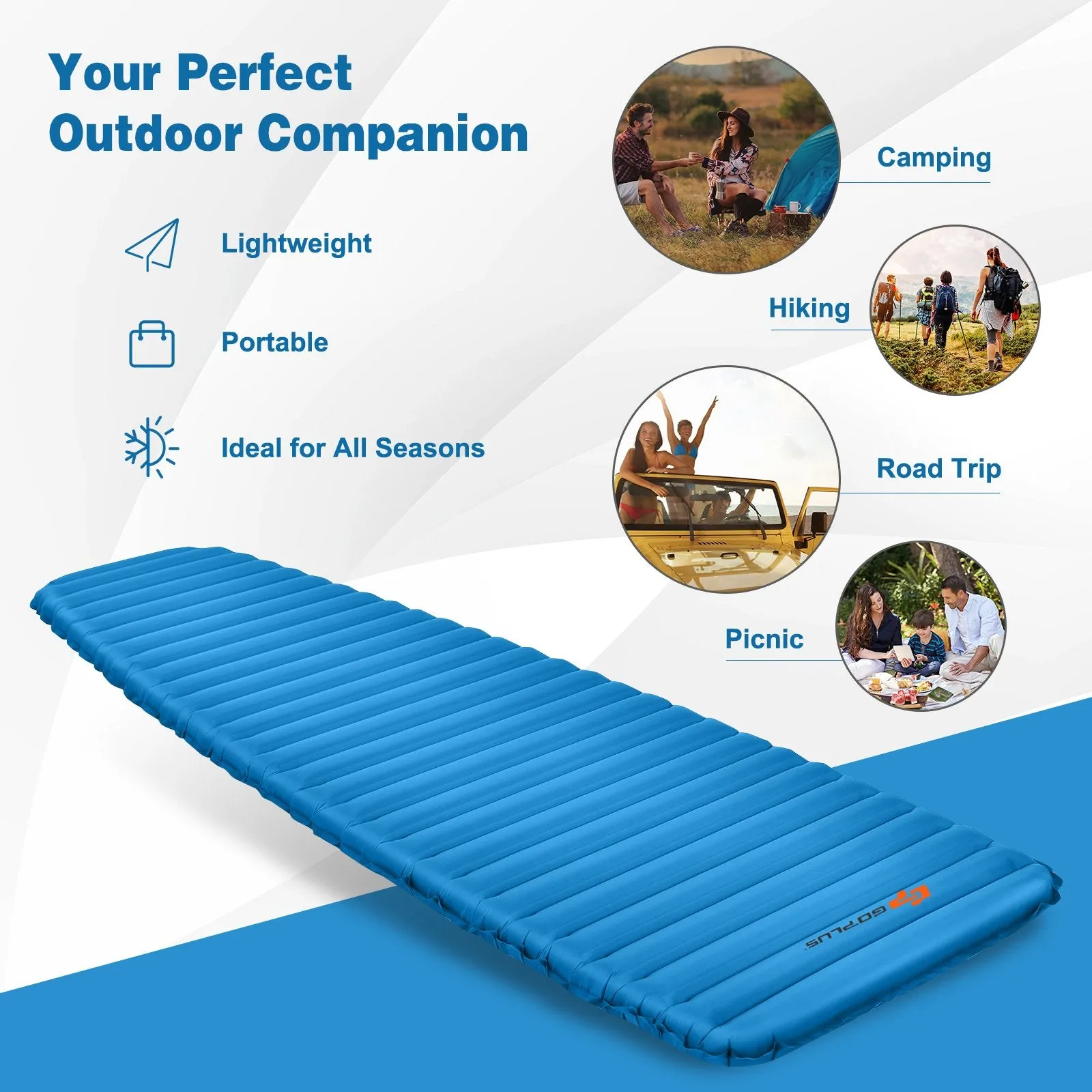 7cm Thick Inflating Camping Mat with Carrying Bag for Backpacking and Hiking-Blue