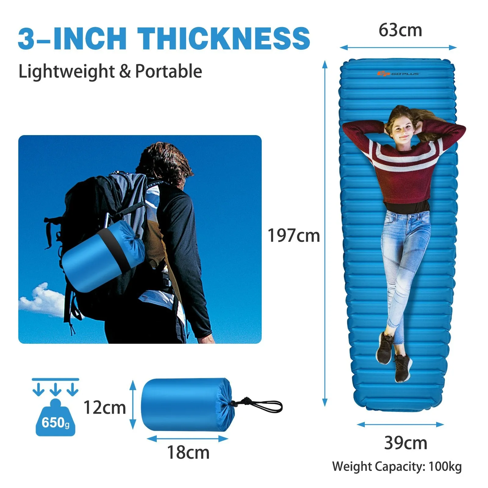 7cm Thick Inflating Camping Mat with Carrying Bag for Backpacking and Hiking-Blue