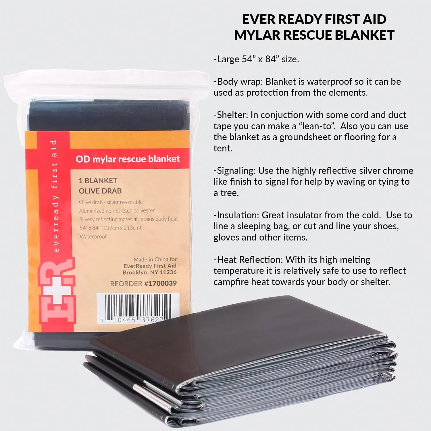 Ever Ready First Aid Mylar Rescue Blanket, Large Olive Thermal Sheet for Emergency and Survival, 54 x 84  5 Count