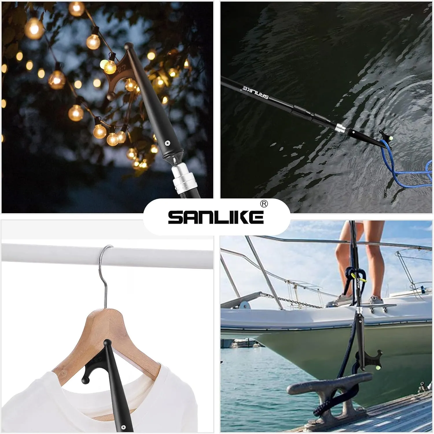 SANLIKE Boat Hooks for Docking Telescoping Extension Pole Hook with Luminous Bead, Lightweight Floating, Non-Slip Rubber Handle, Durable & Rust-Resistant
