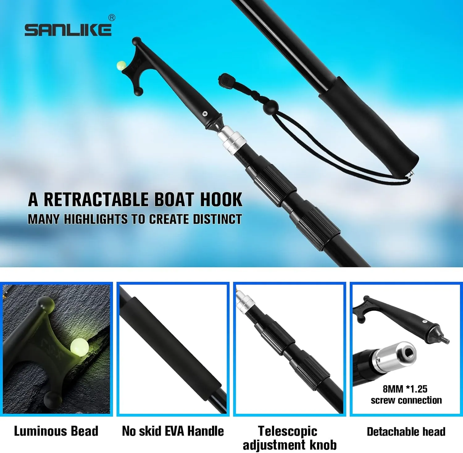 SANLIKE Boat Hooks for Docking Telescoping Extension Pole Hook with Luminous Bead, Lightweight Floating, Non-Slip Rubber Handle, Durable & Rust-Resistant