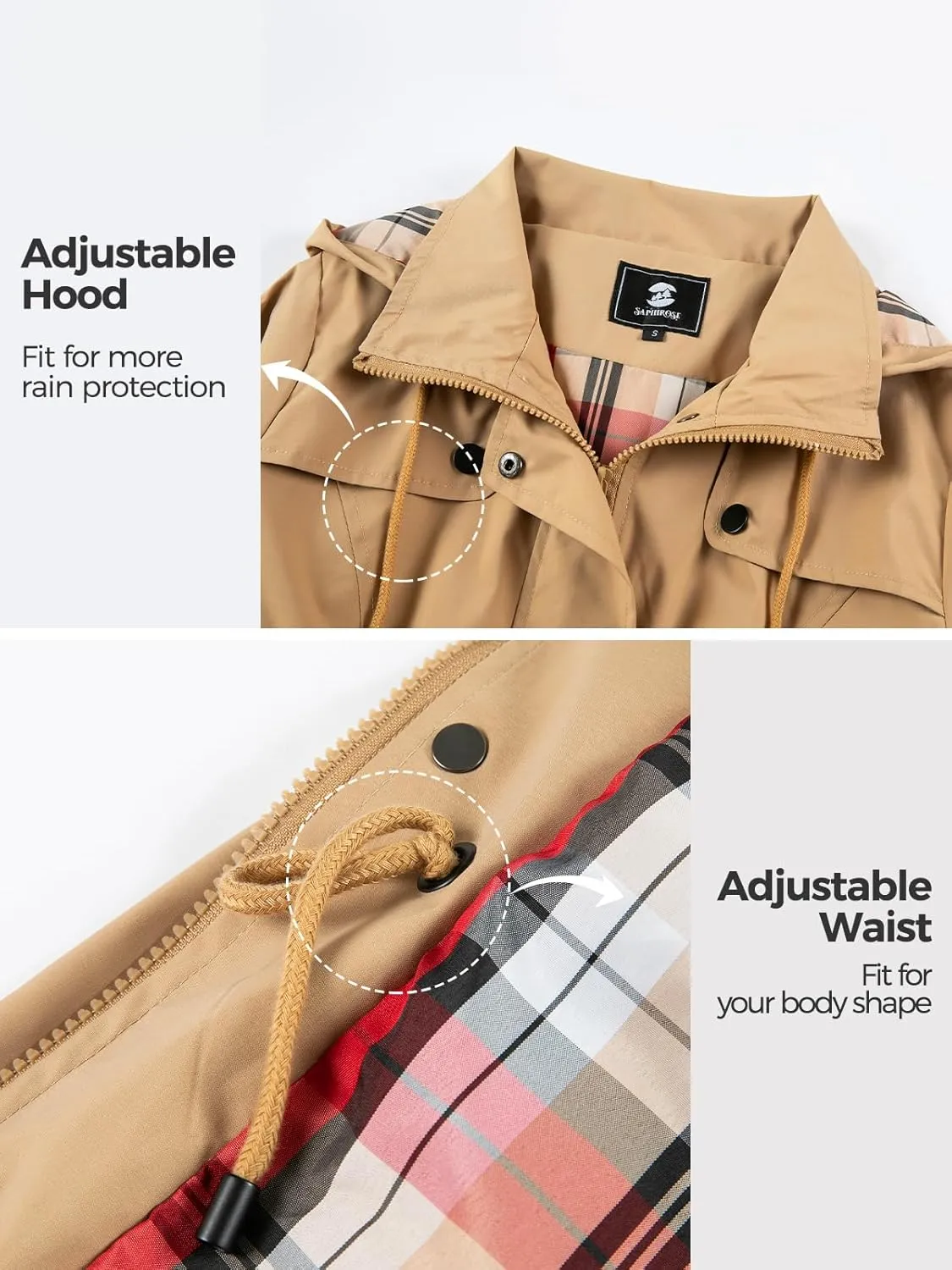 SaphiRose Women's Waterproof Rain Jacket Lightweight Raincoat Hooded Windbreaker Trench Coat
