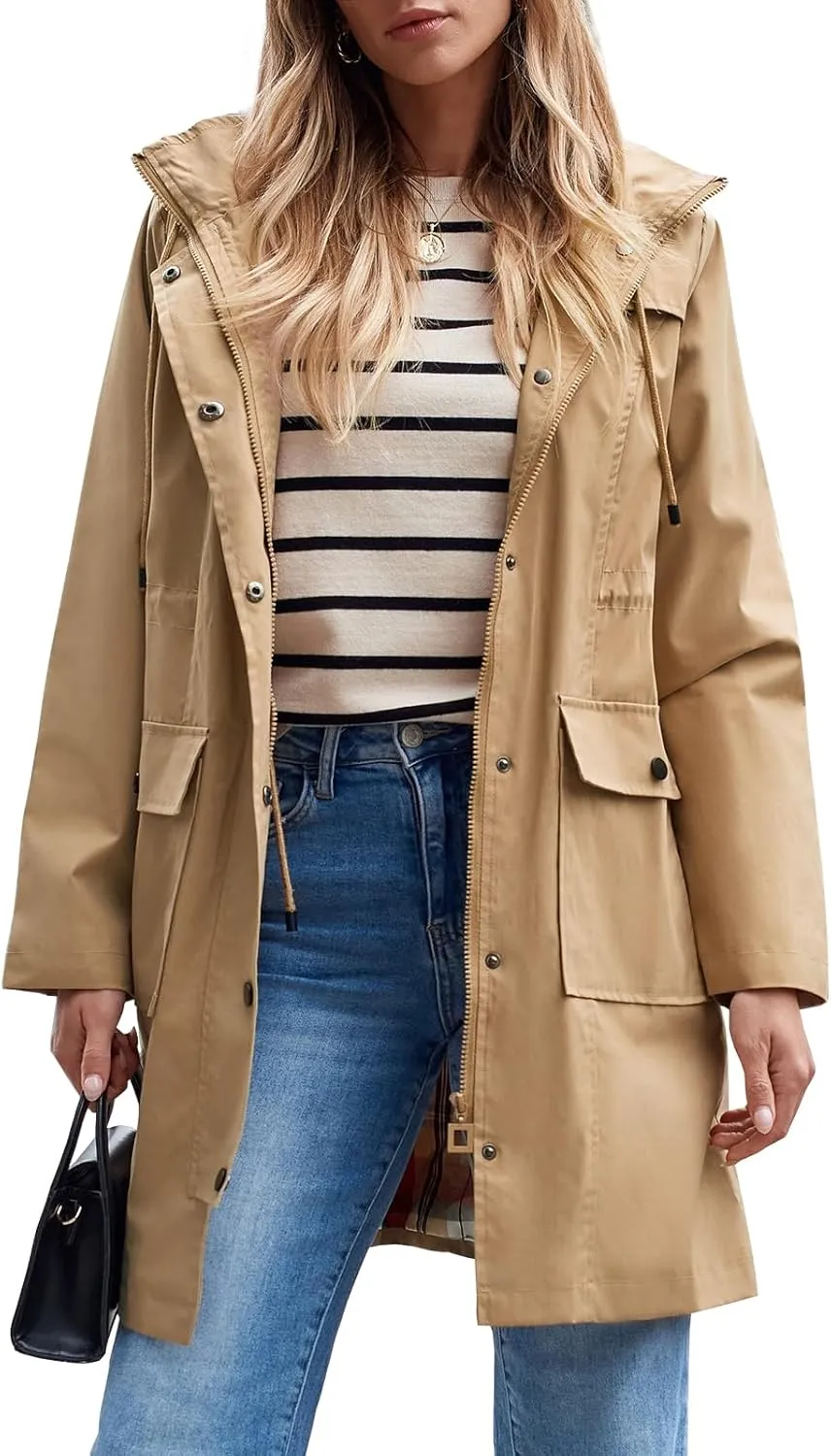 SaphiRose Women's Waterproof Rain Jacket Lightweight Raincoat Hooded Windbreaker Trench Coat