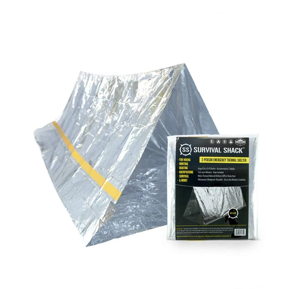 SharpSurvival Shack Emergency Survival Shelter Tent | 2 Person Mylar Thermal Shelter | 8' X 5' All Weather Tube Tent | Reflective Material Conserves Heat | Lightweight | Waterproof  |