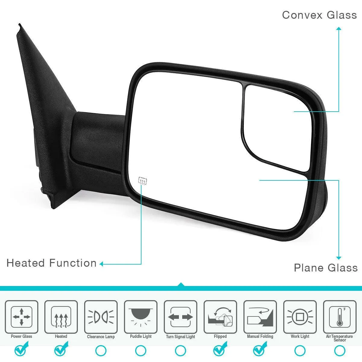 YITAMOTOR® Tow Mirror Passenger Right for 02-08 Dodge RAM 1500 03-09 2500 3500 Power Heated